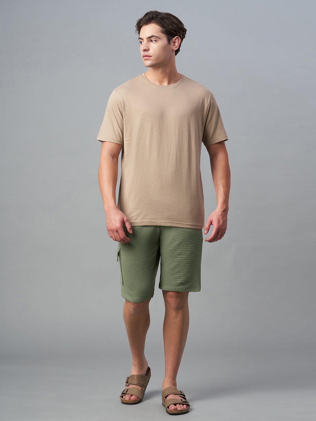 Men's Olive Cotton Elastane Regular Fit Knit Shorts
