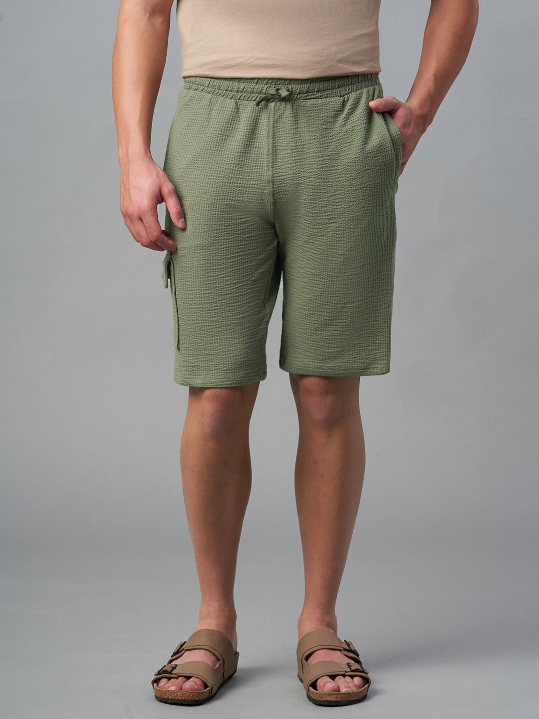 Men's Olive Cotton Elastane Regular Fit Knit Shorts
