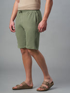Men's Olive Cotton Elastane Regular Fit Knit Shorts
