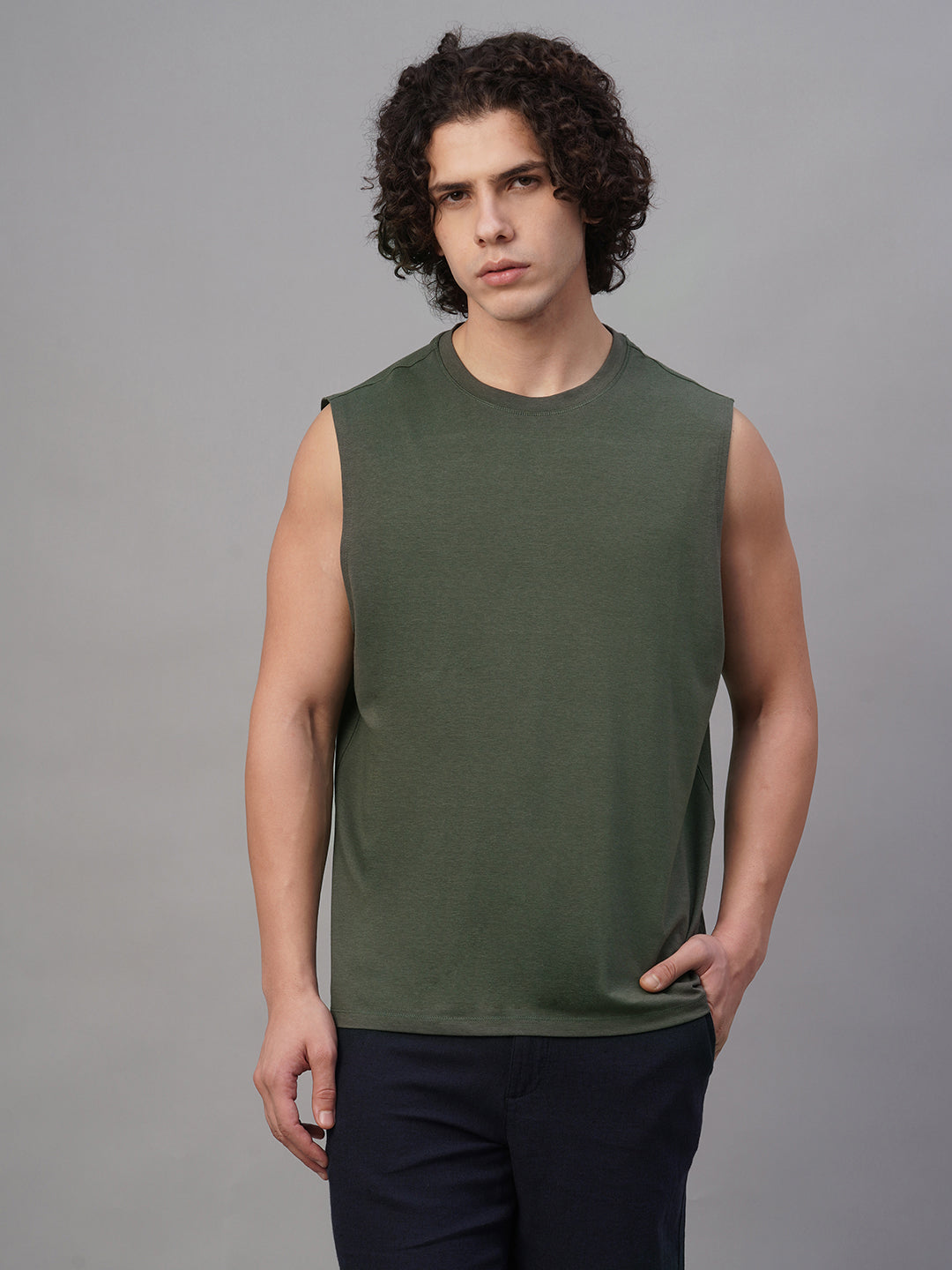 Men's Olive Cotton Bamboo Elastane Regular Fit Knit Vest