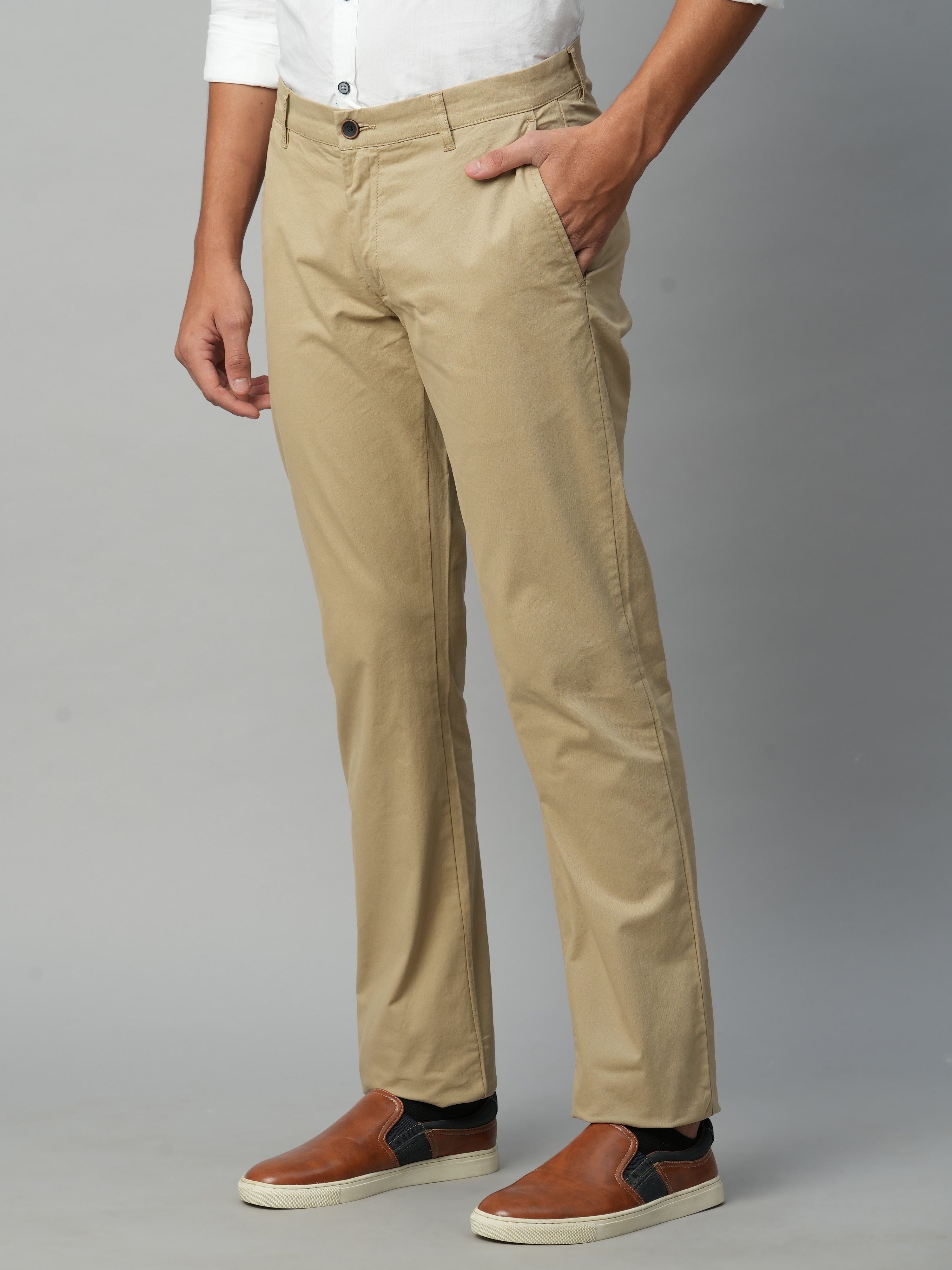 Men's Khaki Cotton Lycra Regular Fit Pant