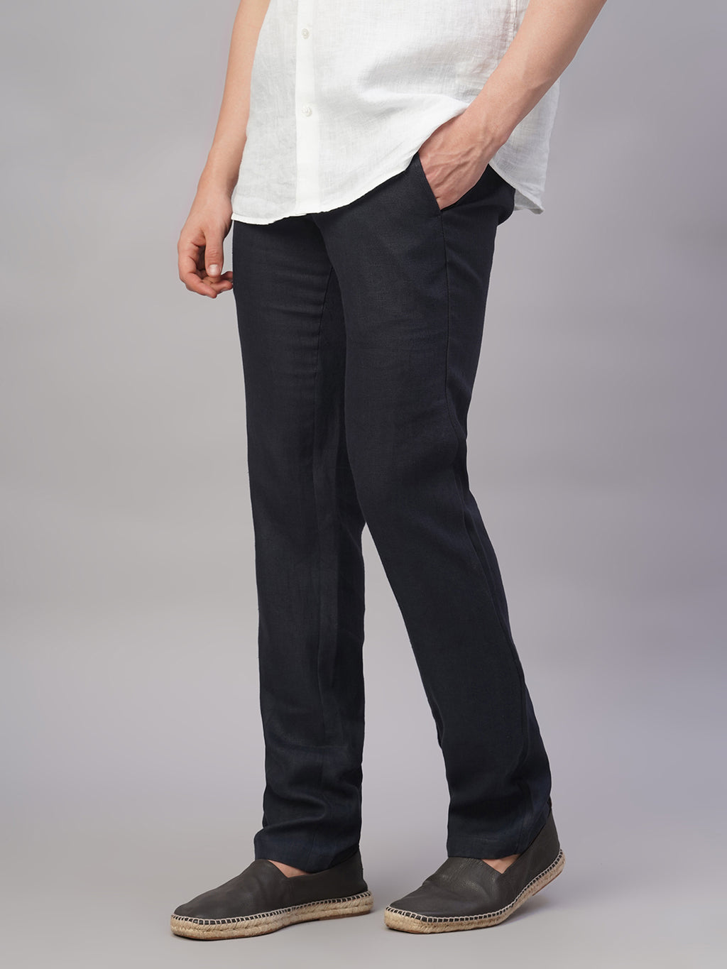 Men's Navy 100% Linen Regular Fit Pant