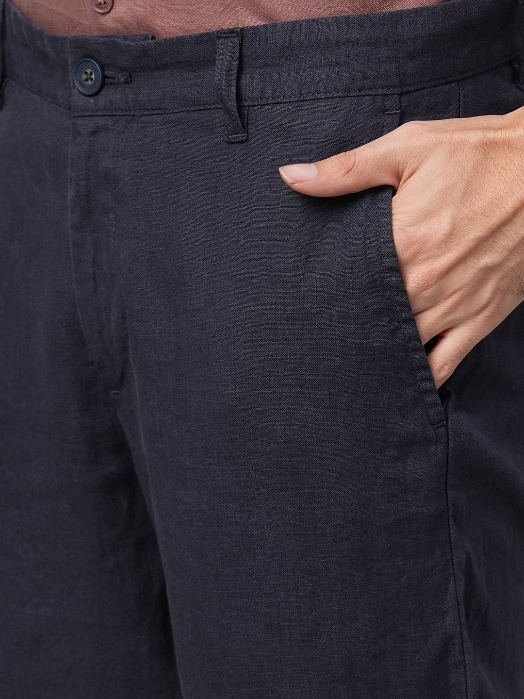 Men's Navy 100% Linen Regular Fit Pant