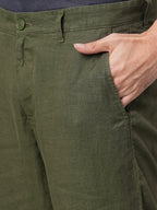 Men's Olive 100% Linen Regular Fit Pant