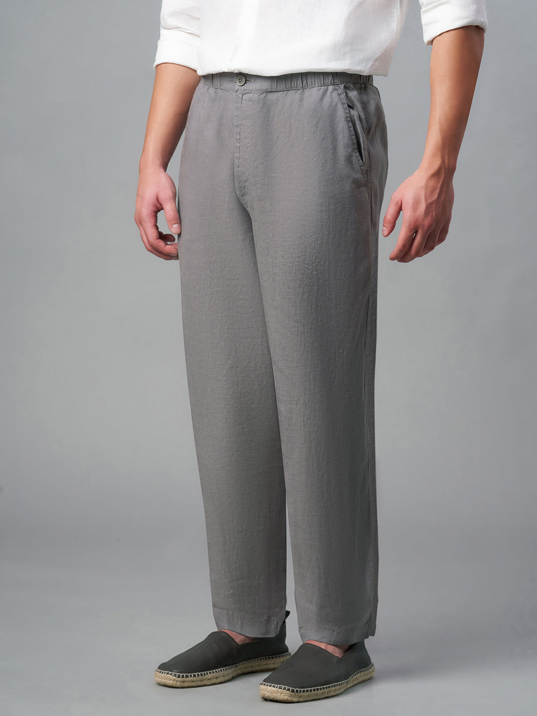 Men's Grey 100% Linen Regular Fit Pant