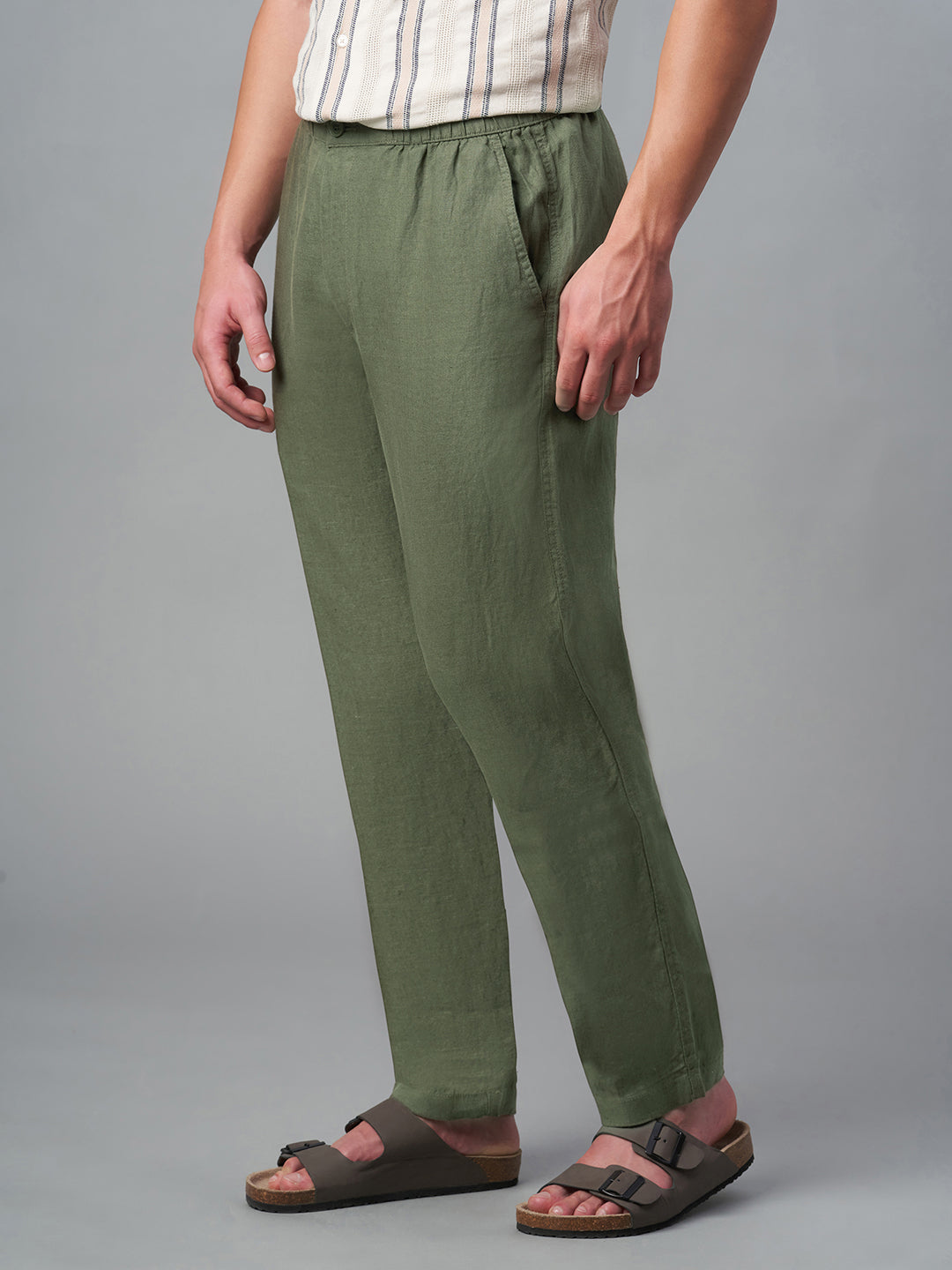 Men's Olive 100% Linen Regular Fit Pant