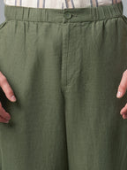 Men's Olive 100% Linen Regular Fit Pant