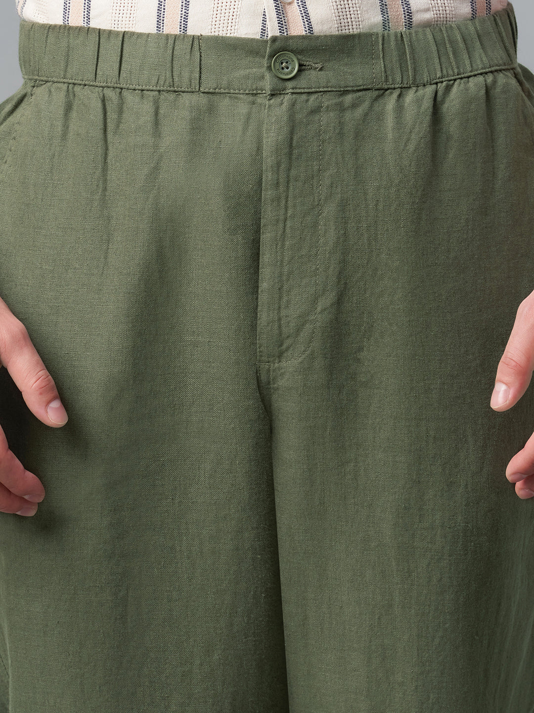 Men's Olive 100% Linen Regular Fit Pant