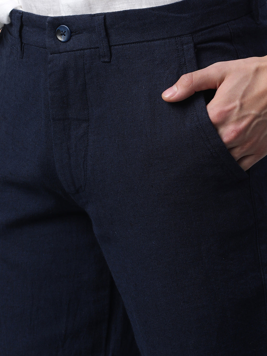 Men's Navy Cotton Linen Slim Fit Pant