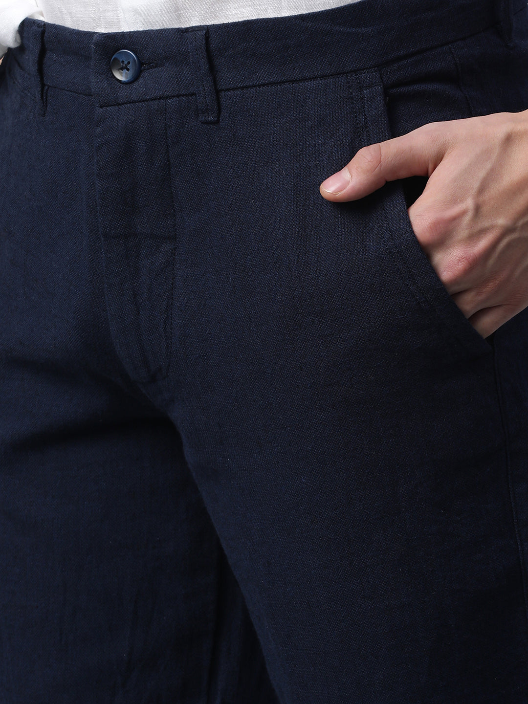 Men's Navy Cotton Linen Slim Fit Pant