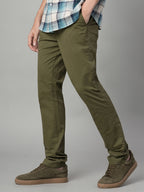 Men's Olive Cotton Lycra Slim Fit Pant