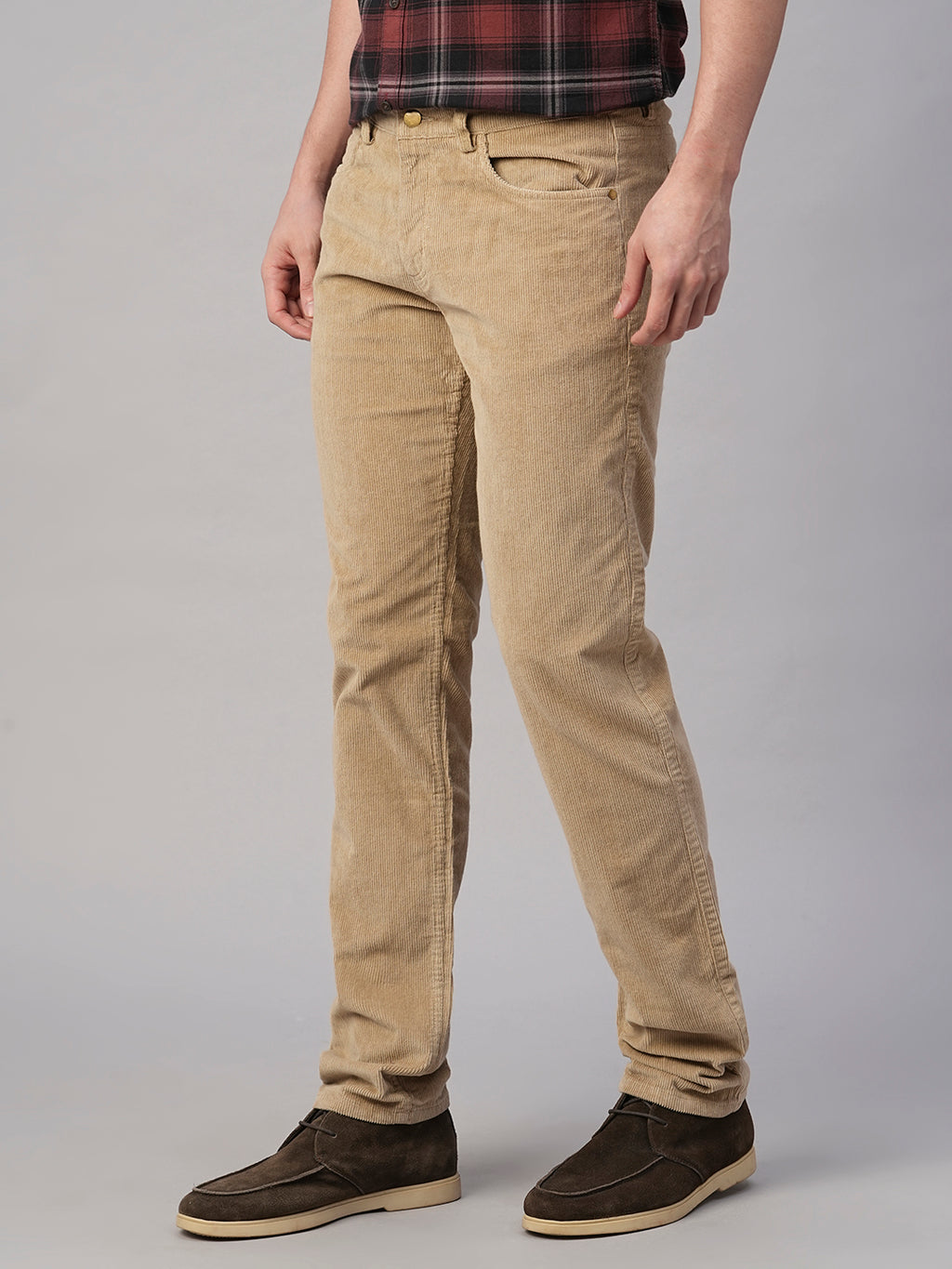 Men's Corduroy Khaki 100% Cotton Lycra Slim Fit Pant