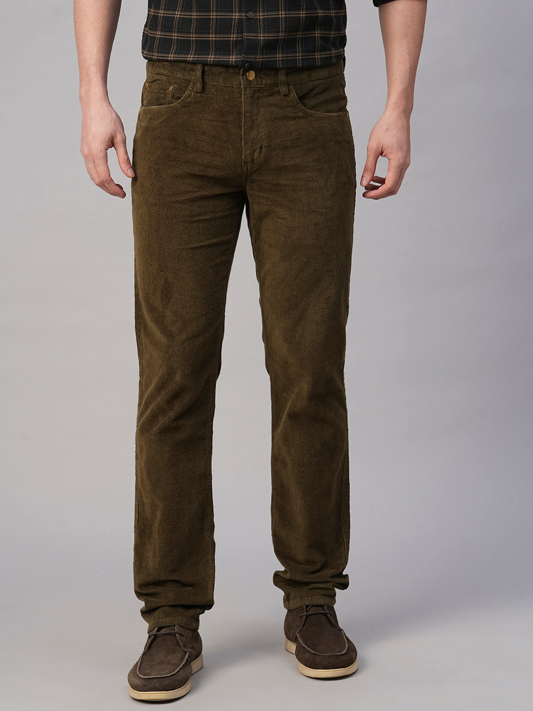 Men's Corduroy Olive 100% Cotton Lycra Slim Fit Pant