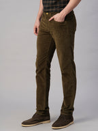 Men's Corduroy Olive 100% Cotton Lycra Slim Fit Pant