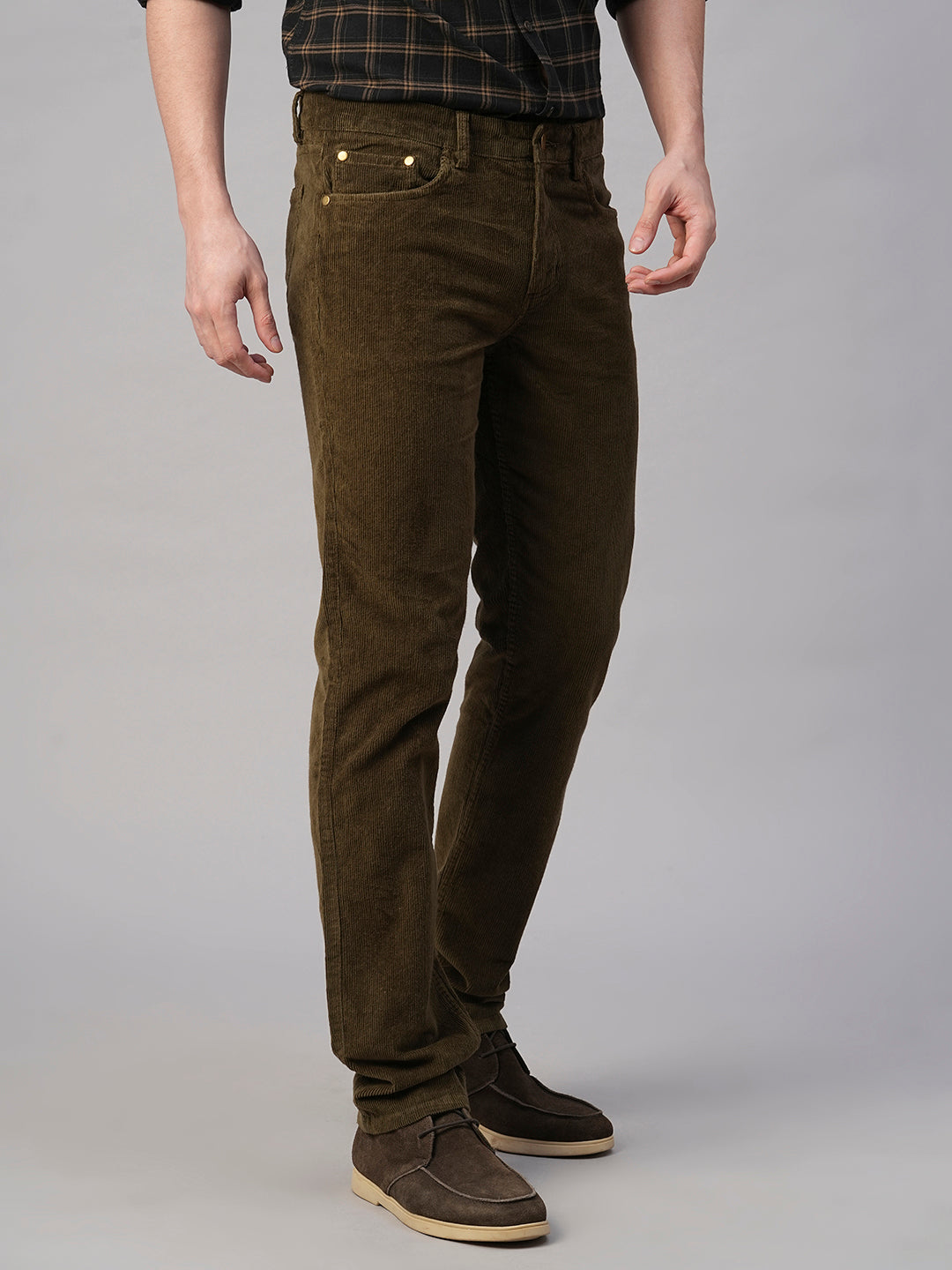 Men's Corduroy Olive 100% Cotton Lycra Slim Fit Pant