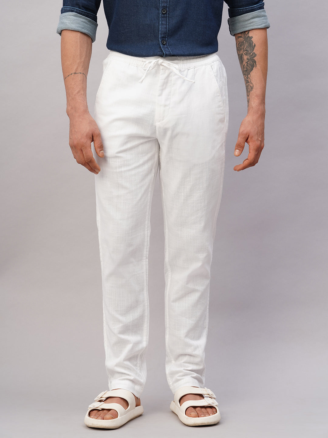 Men's White Cotton Regular Fit Pant