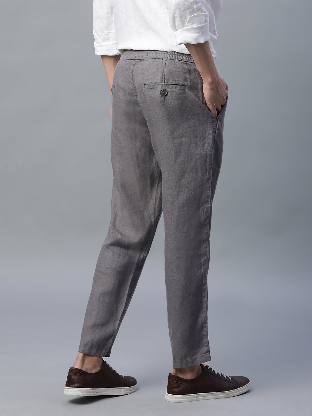 Men's Grey 100% Linen Regular Fit Pant