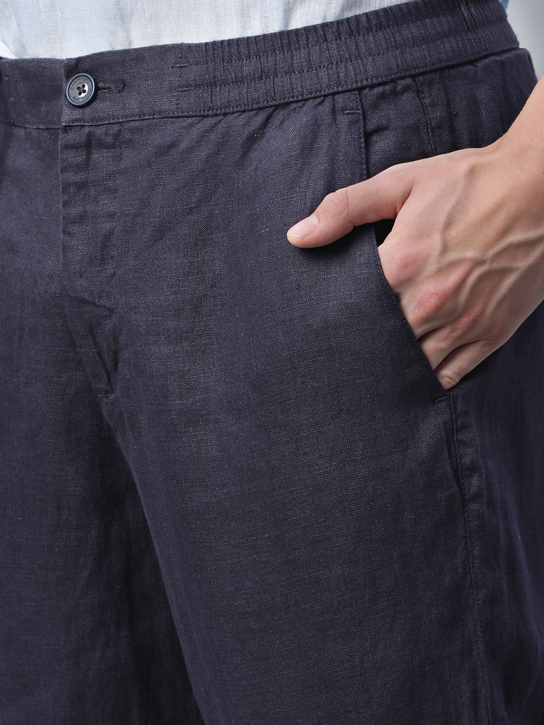 Men's Navy 100% Linen Regular Fit Pant