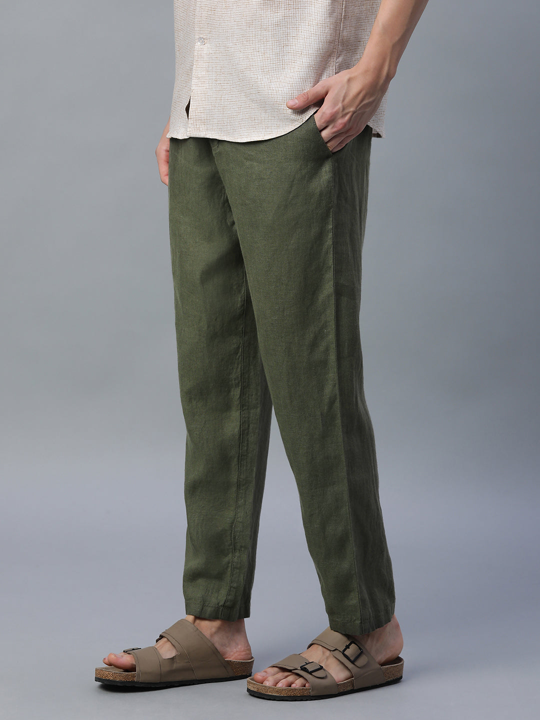Men's Olive 100% Linen Regular Fit Pant