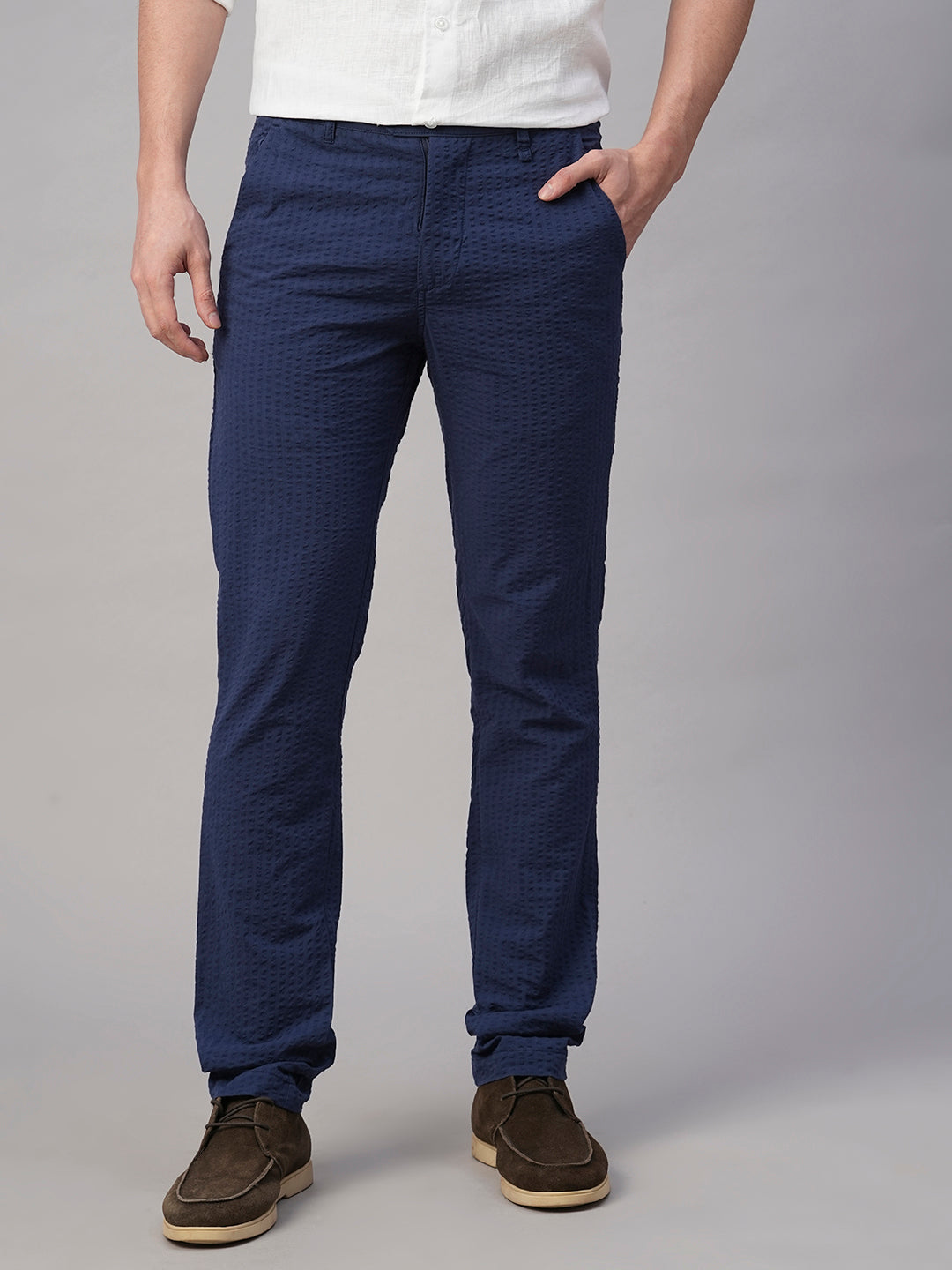 Men's 100% Cotton Seer Sucker Navy Slim Fit Pant