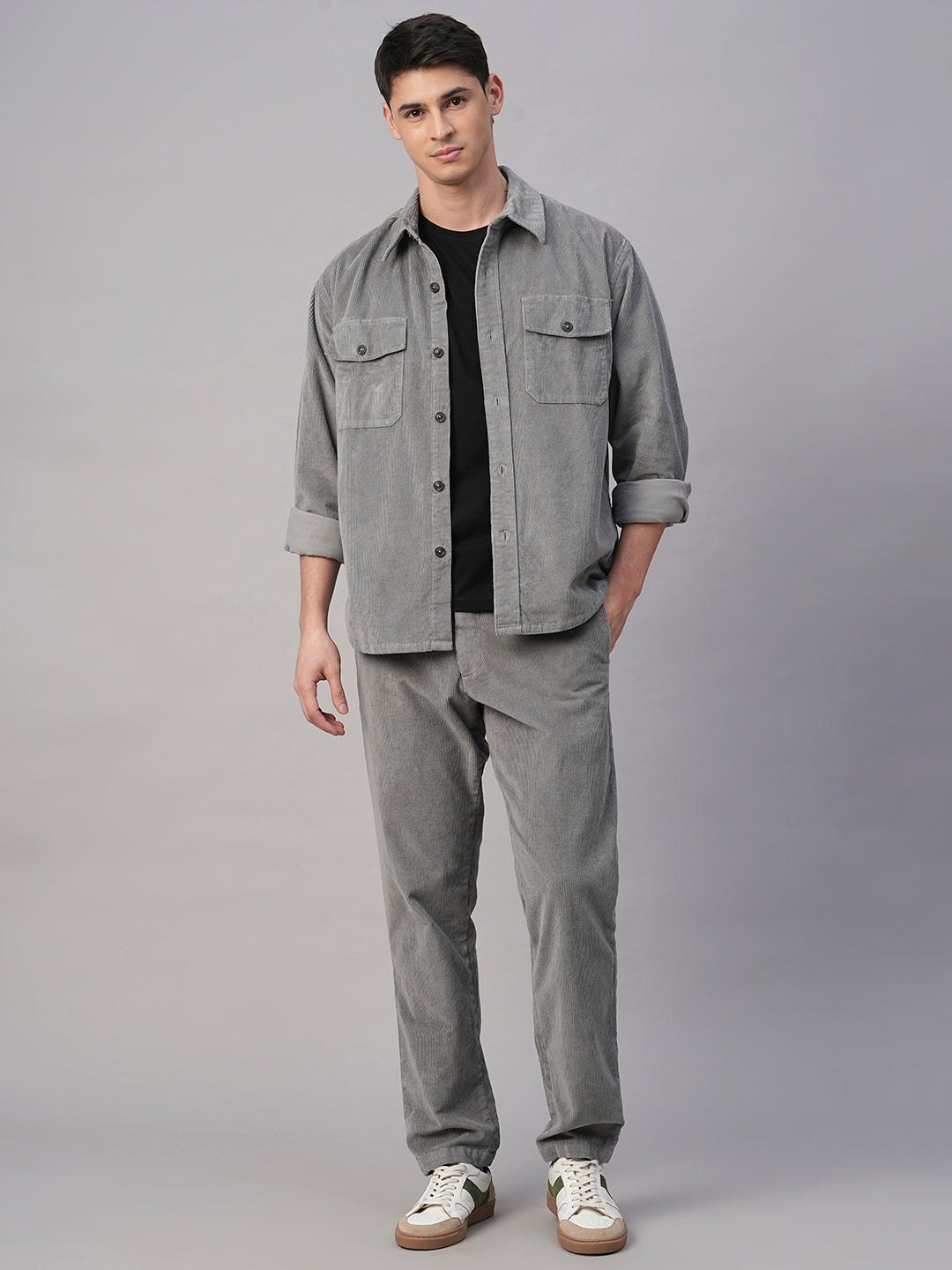 Men's Corduroy Grey Cotton Lycra Regular Fit Pant