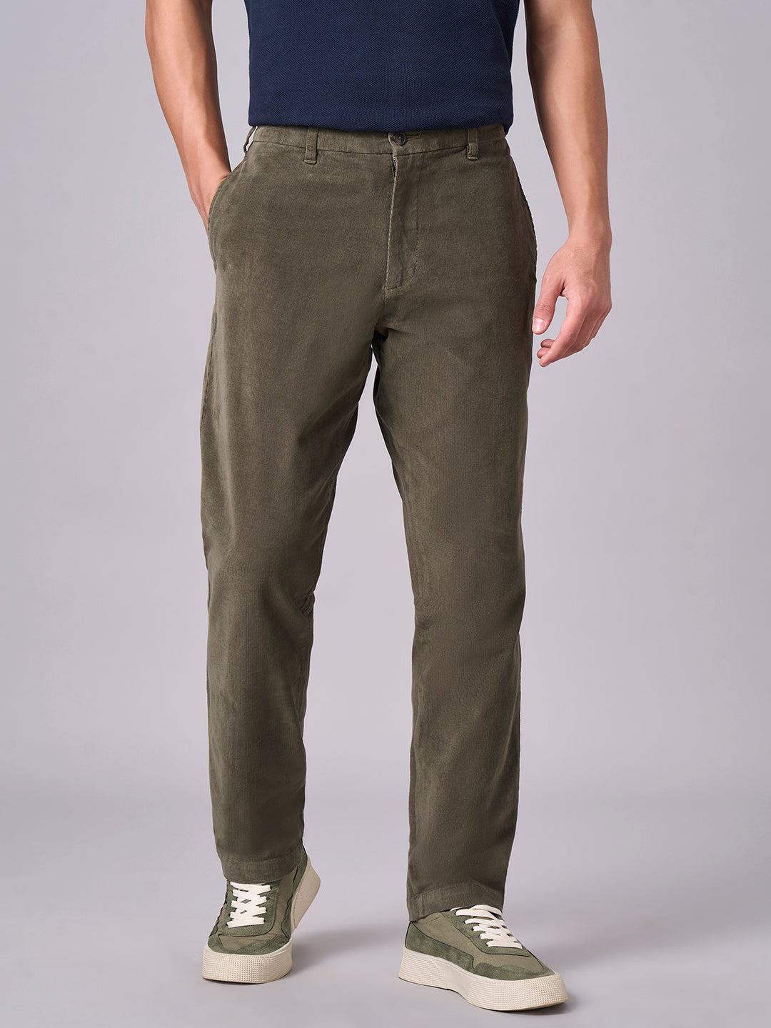 Men's Corduroy Green Cotton Lycra Regular Fit Pant