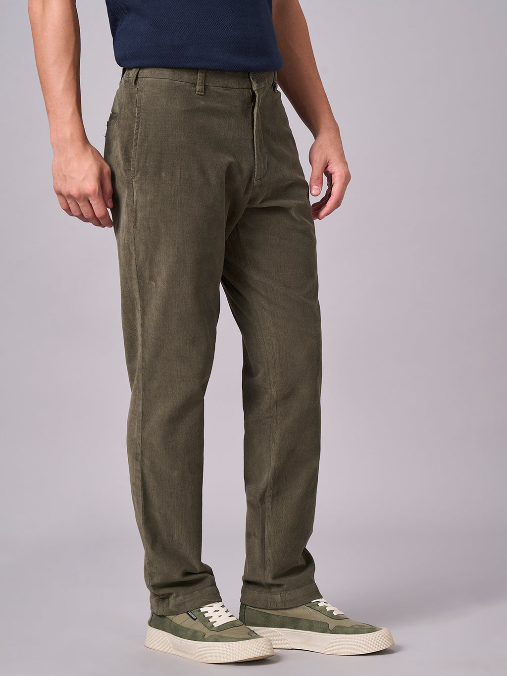 Men's Corduroy Green Cotton Lycra Regular Fit Pant