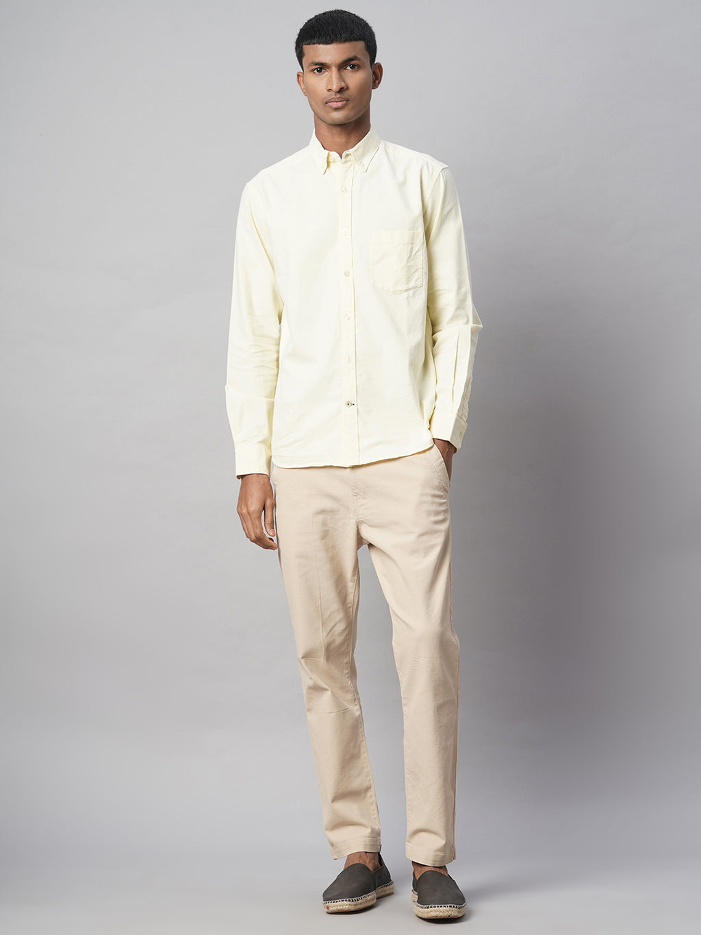 Men's Beige Cotton Lycra Slim Fit Pant