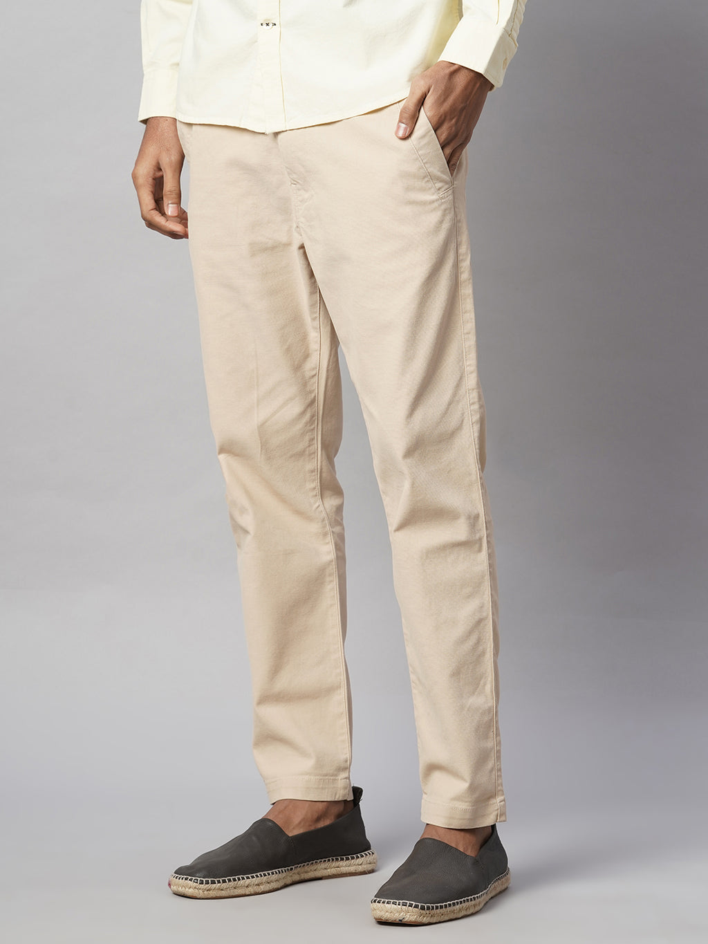 Men's Beige Cotton Lycra Slim Fit Pant