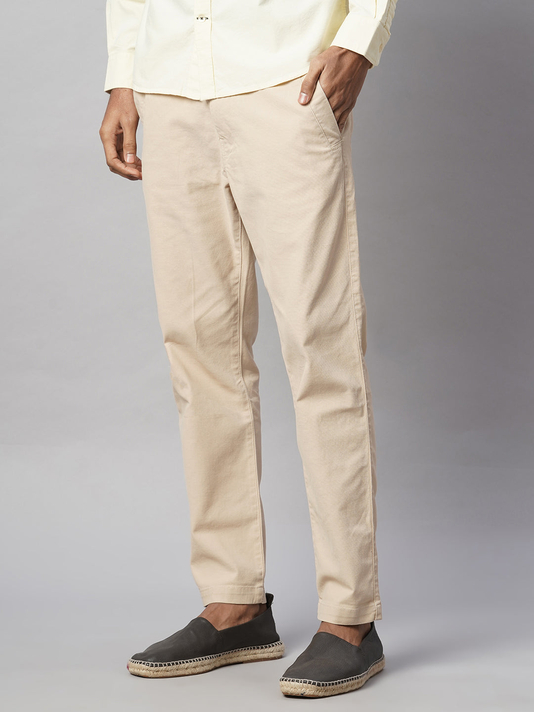 Men's Beige Cotton Lycra Slim Fit Pant