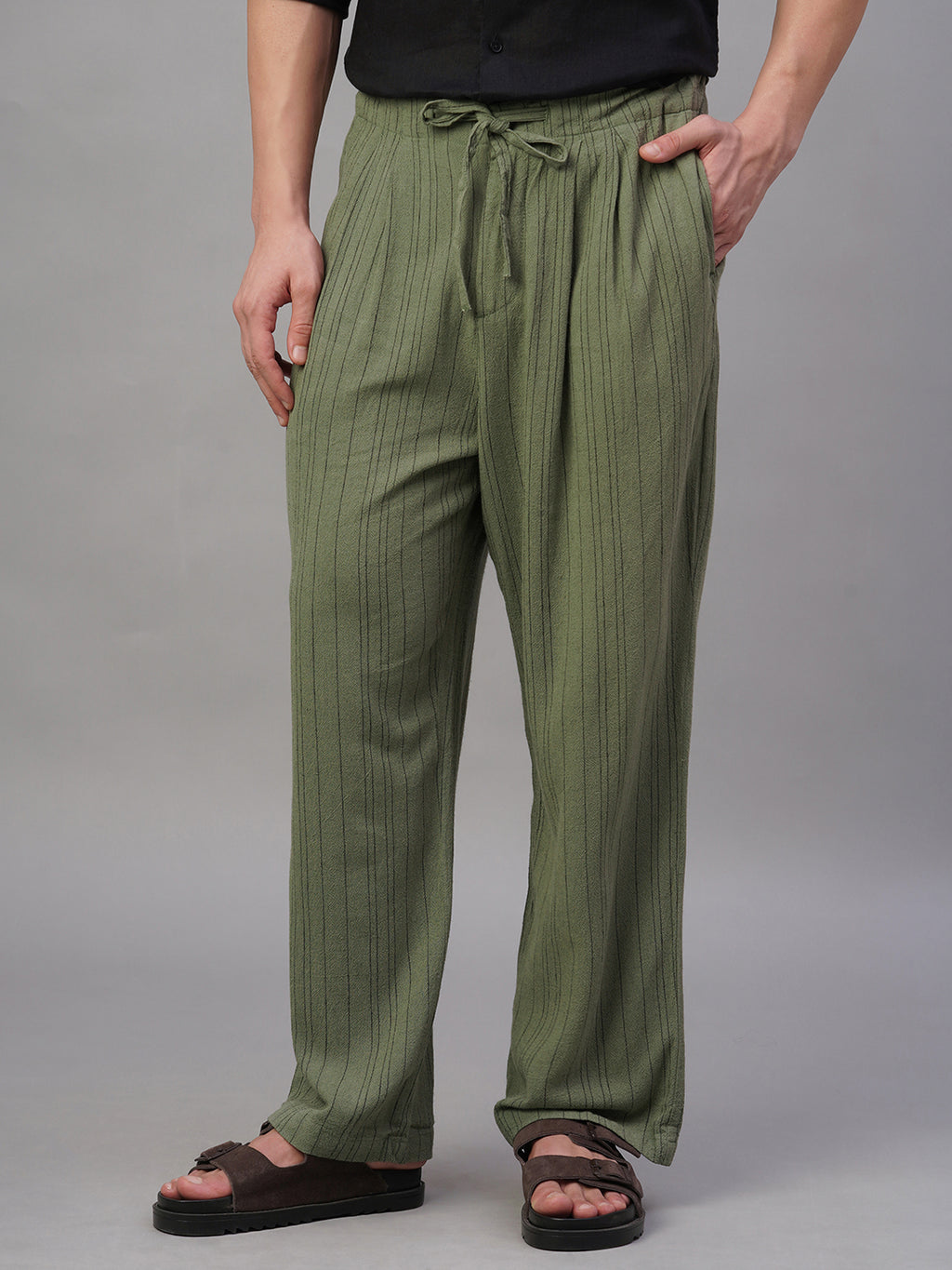 Men's Green Linen Viscose Loose Fit Pant