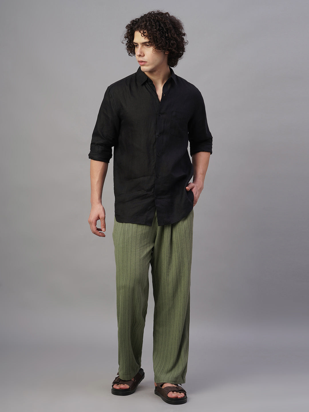 Men's Green Linen Viscose Loose Fit Pant