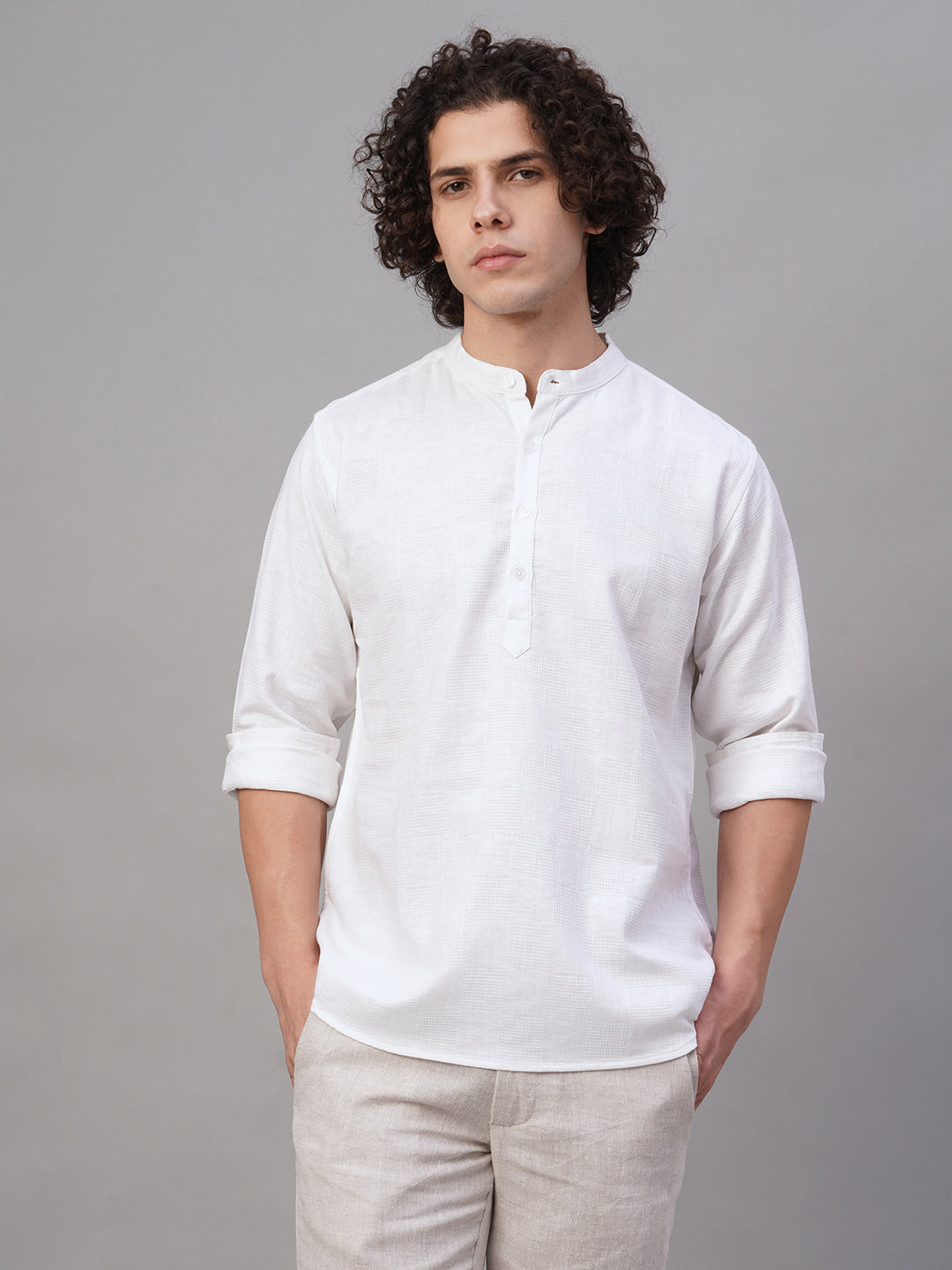 Men's White Cotton Linen Lyocell Regular Fit Kurta Shirt