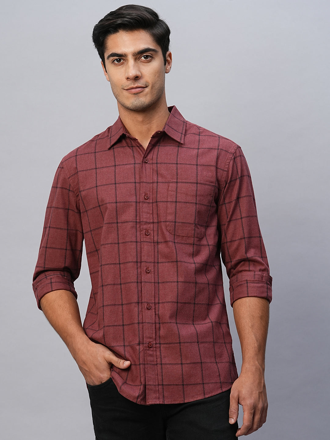 Men's Maroon Cotton Regular Fit Checked Shirt