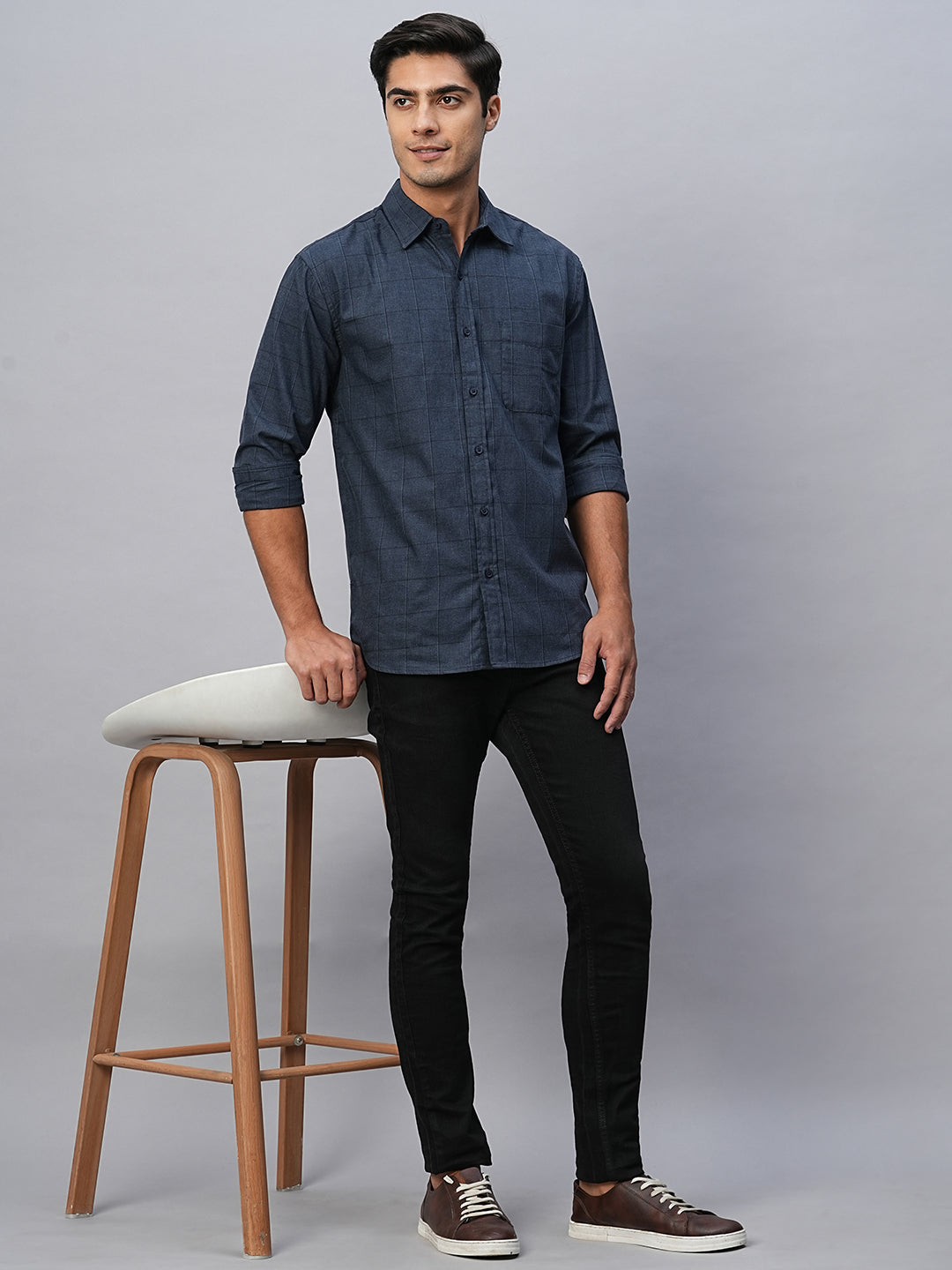 Men's Navy Cotton Regular Fit Checked Shirt