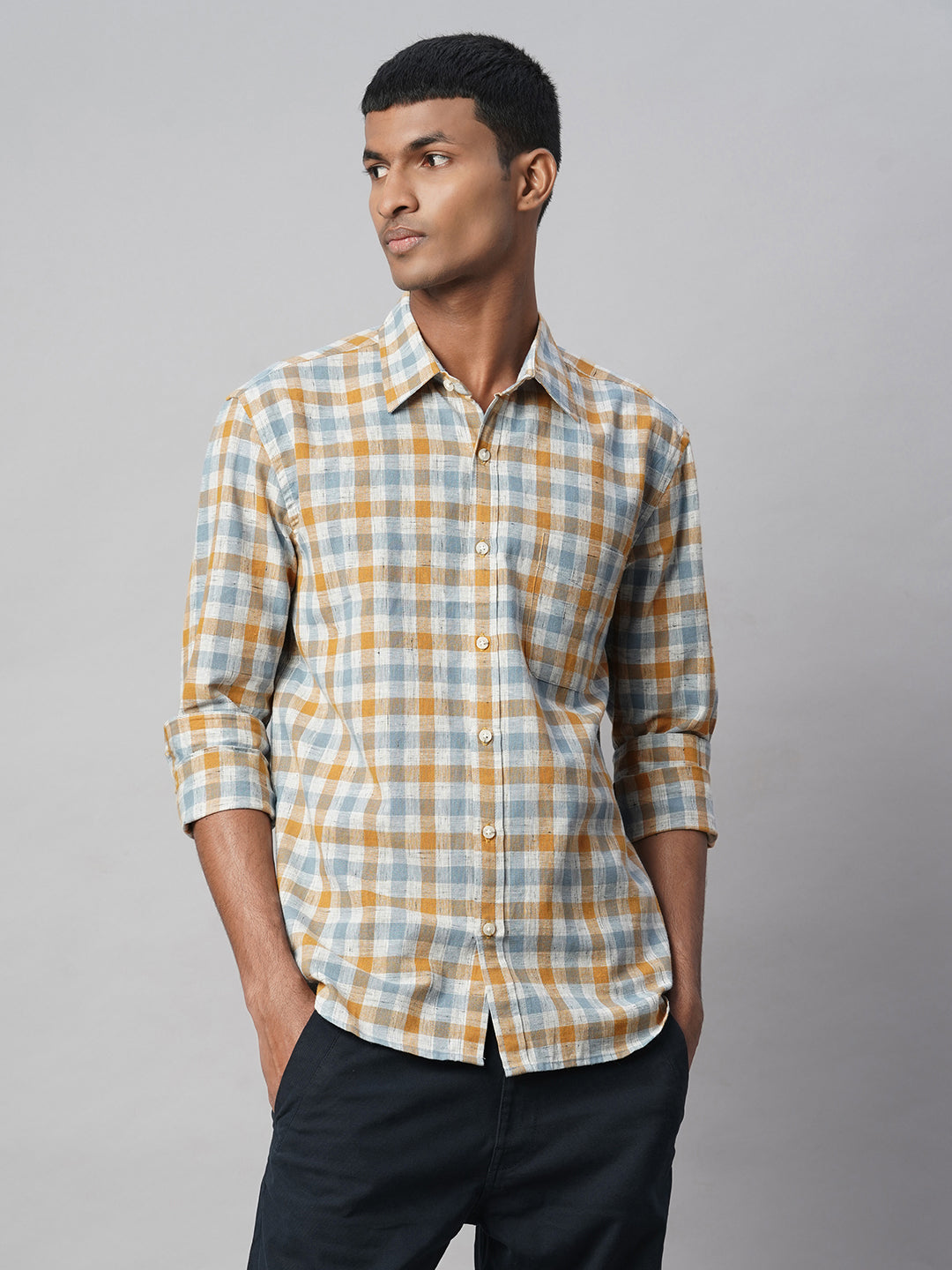 Men's Mustard Cotton Linen Regular Fit Shirt