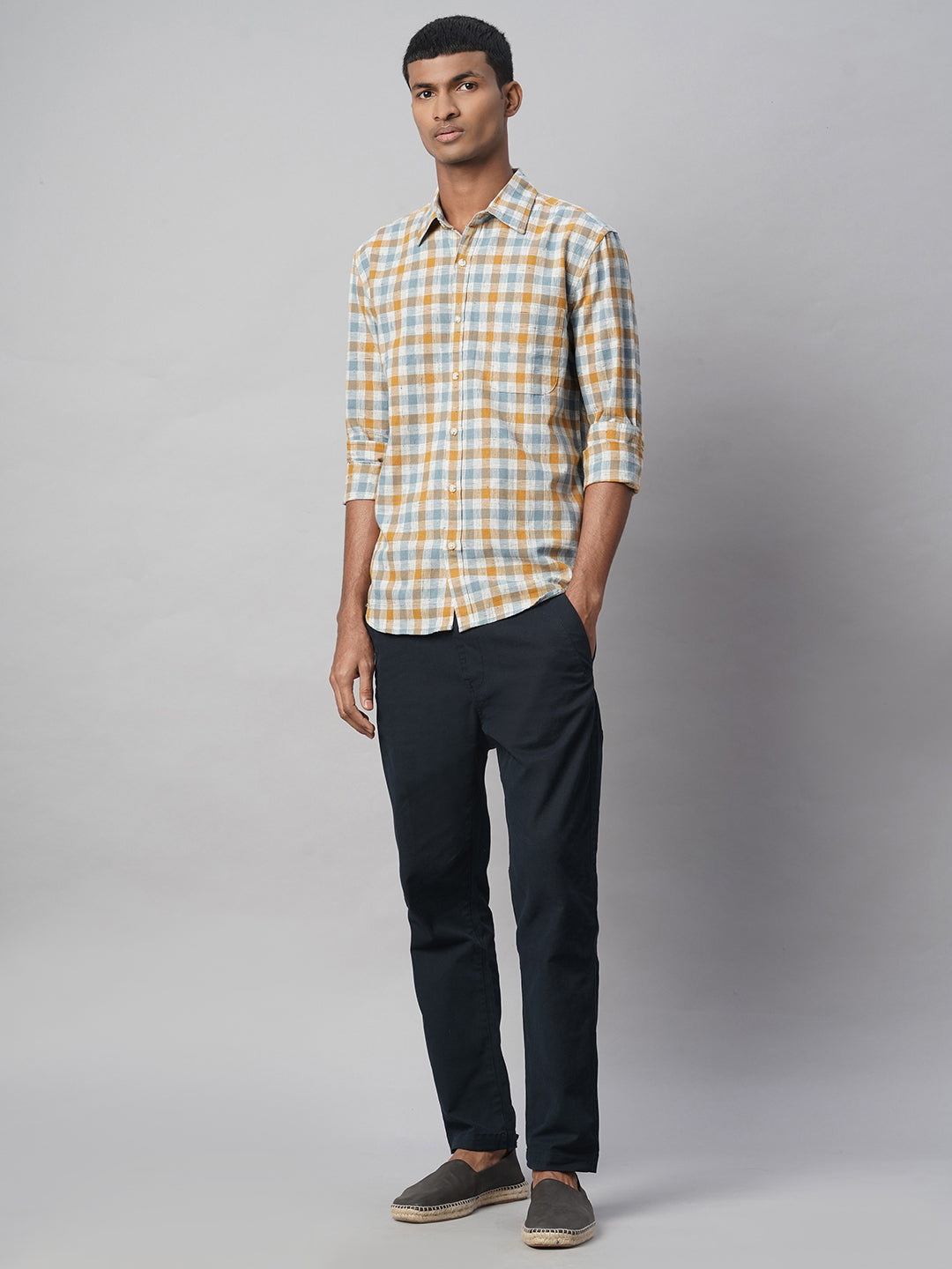 Men's Mustard Cotton Linen Regular Fit Shirt
