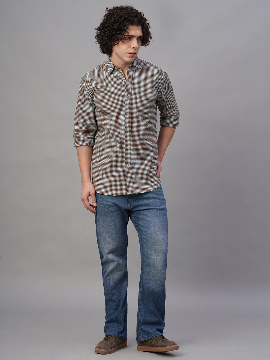 Men's Sky/Olive Cotton Lycra Regular Fit Shirt