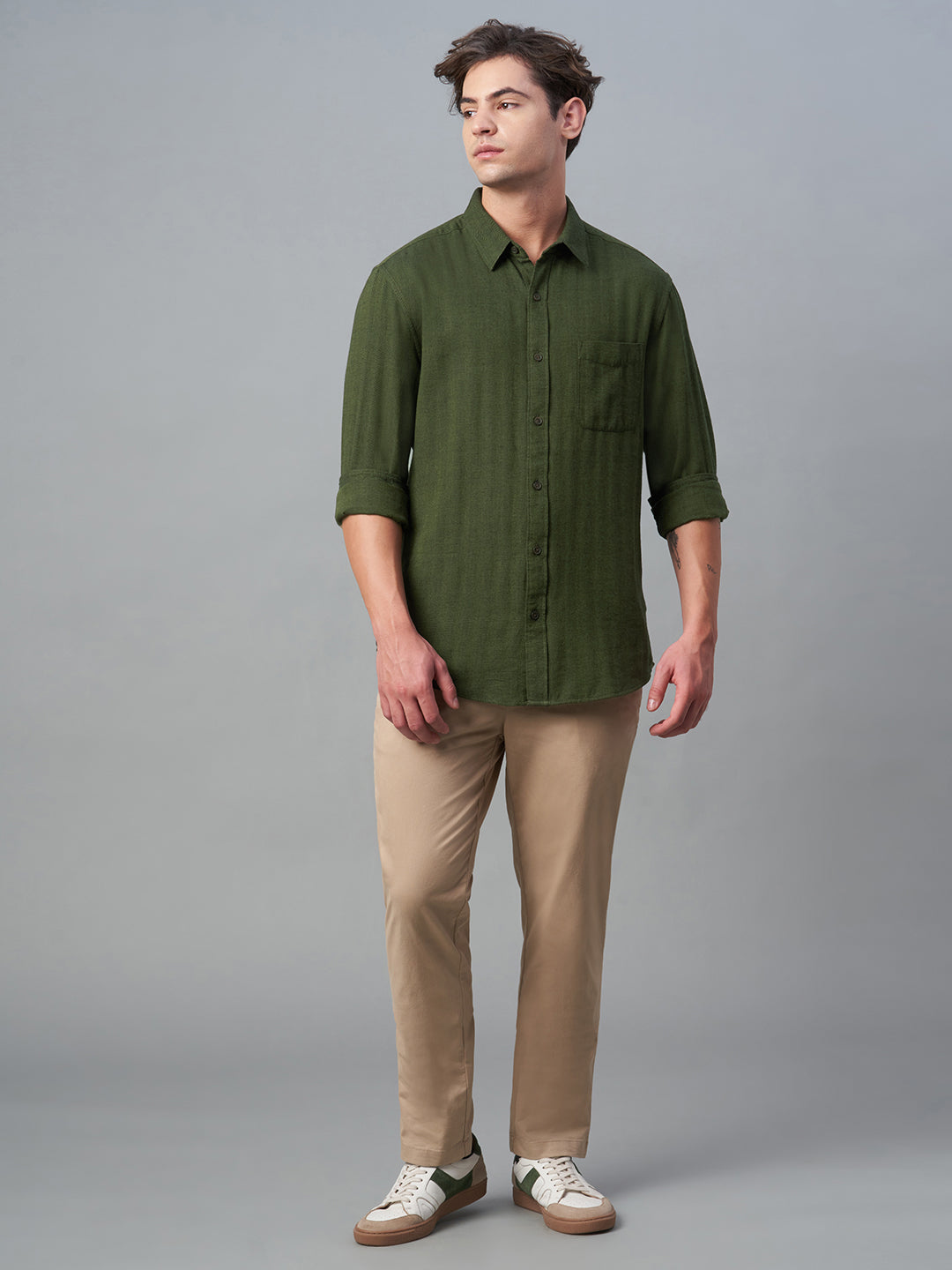Men's Olive 100% Cotton Regular Fit Shirt