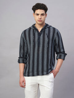 Men’s Cotton Regular Fit Hooded Stripe Shirt Navy