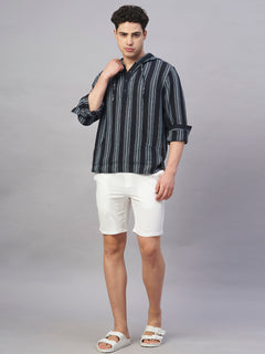 Men’s Cotton Regular Fit Hooded Stripe Shirt Navy