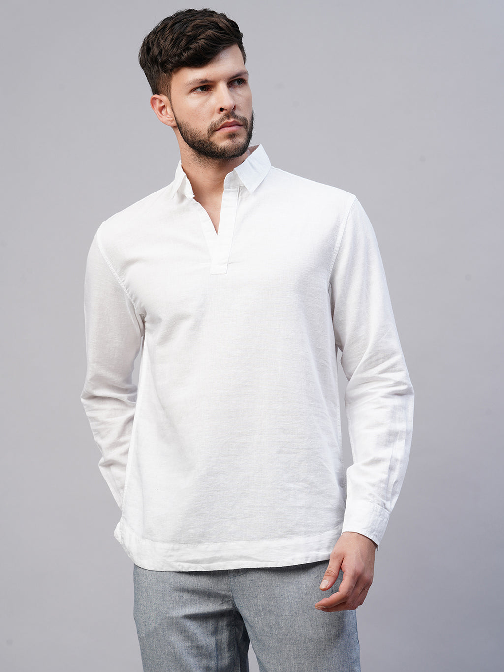 Men's White 100% Linen Regular Fit Kurta Shirt