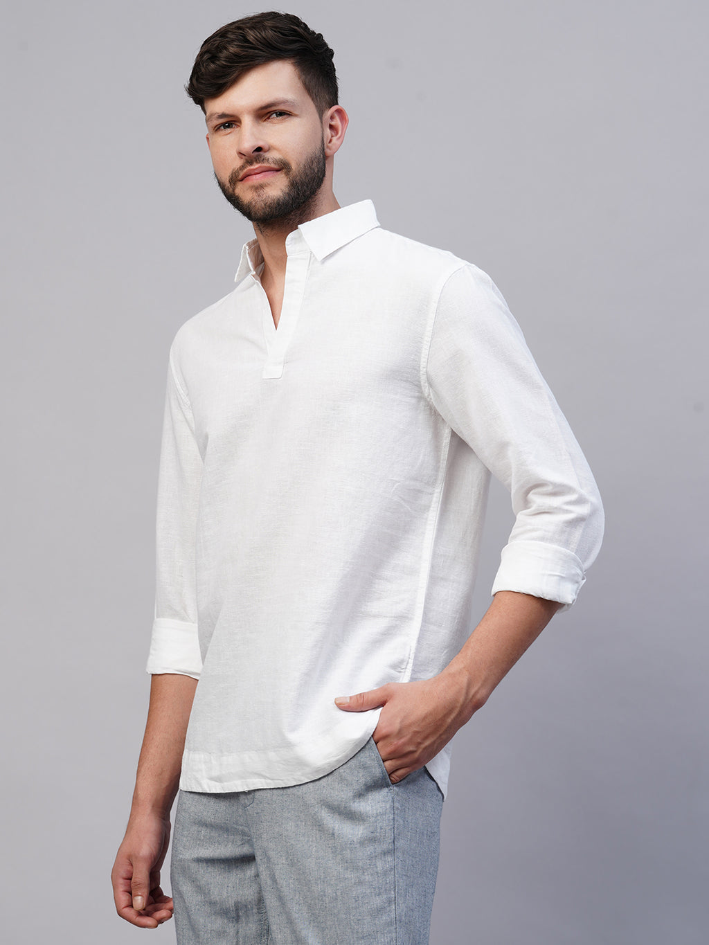 Men's White 100% Linen Regular Fit Kurta Shirt