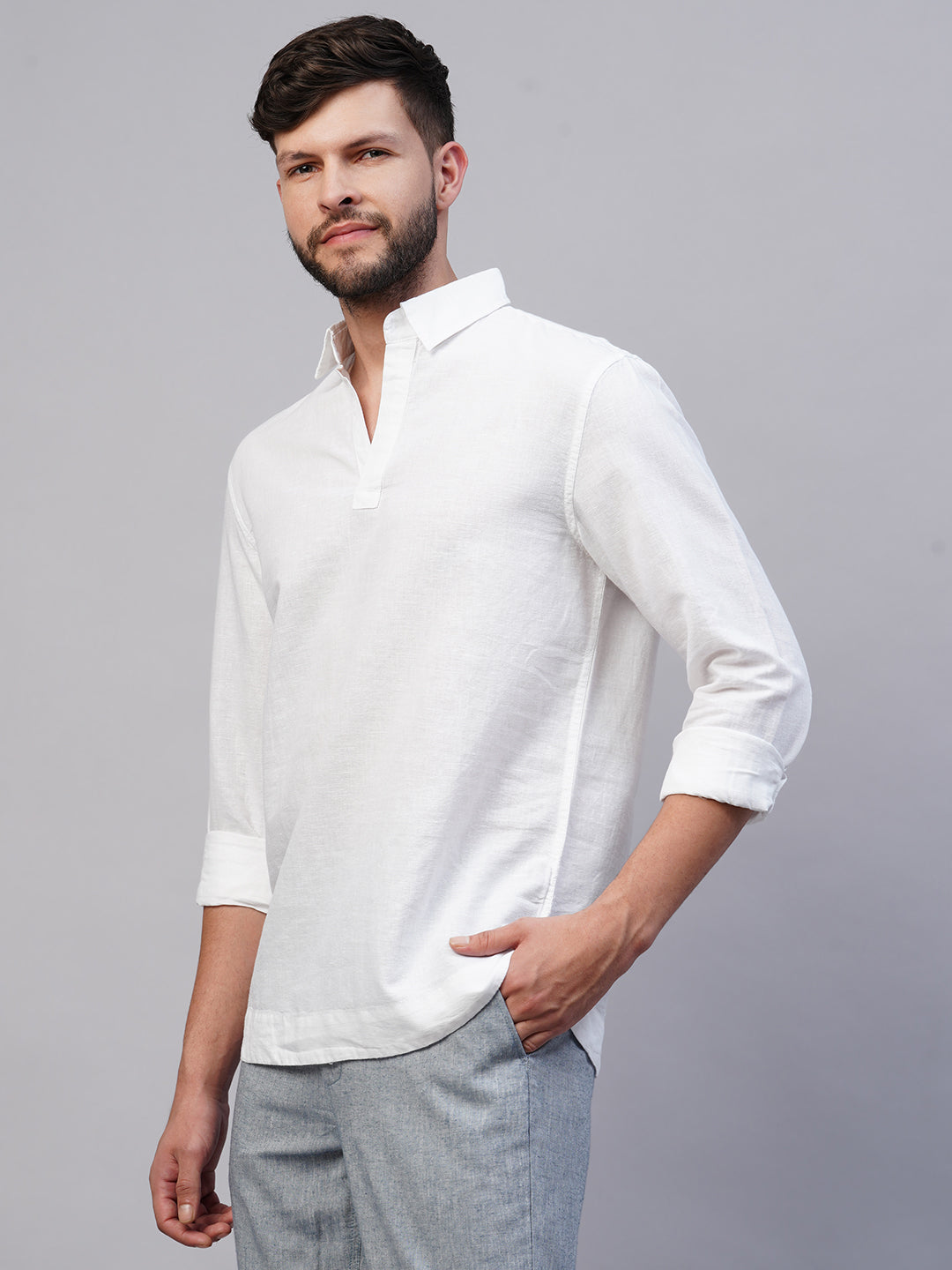 Men's White 100% Linen Regular Fit Kurta Shirt