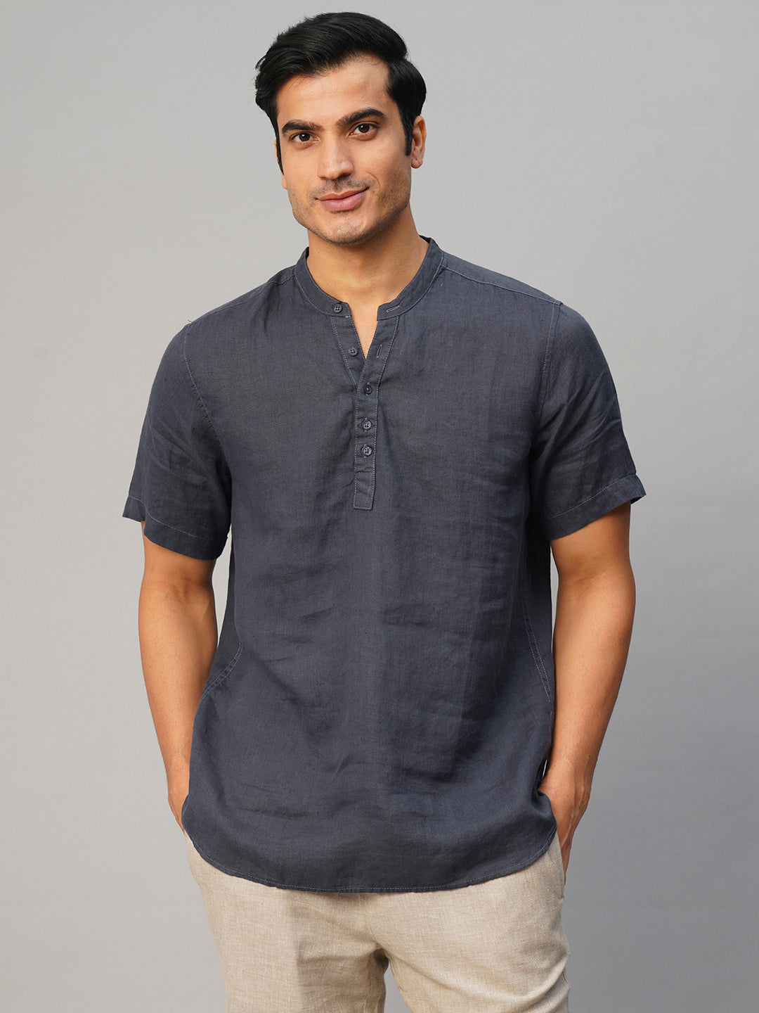 Men's Navy 100% Linen Slim Fit Shirt