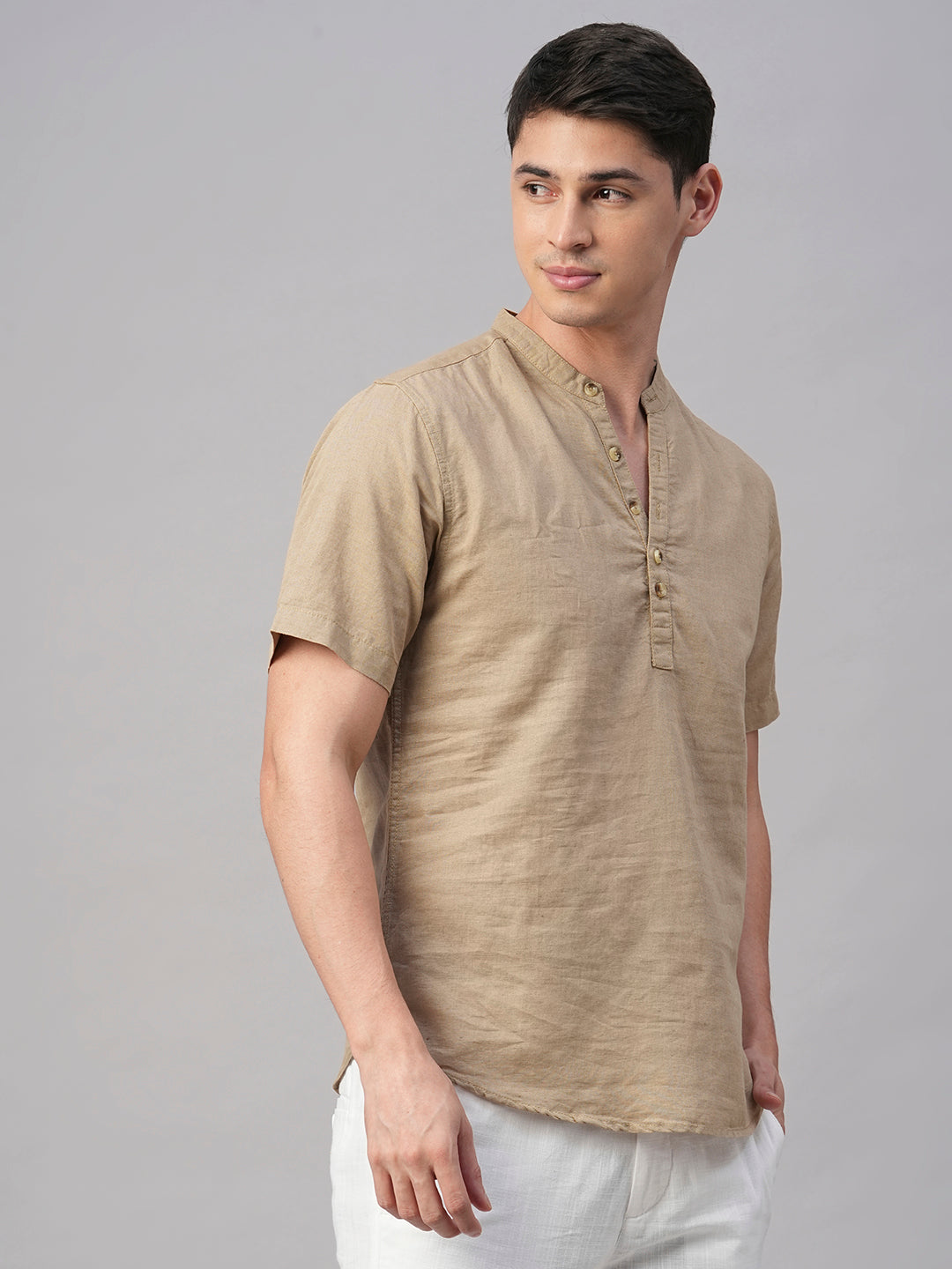 Men's Khaki Linen Cotton Slim Fit Shirt
