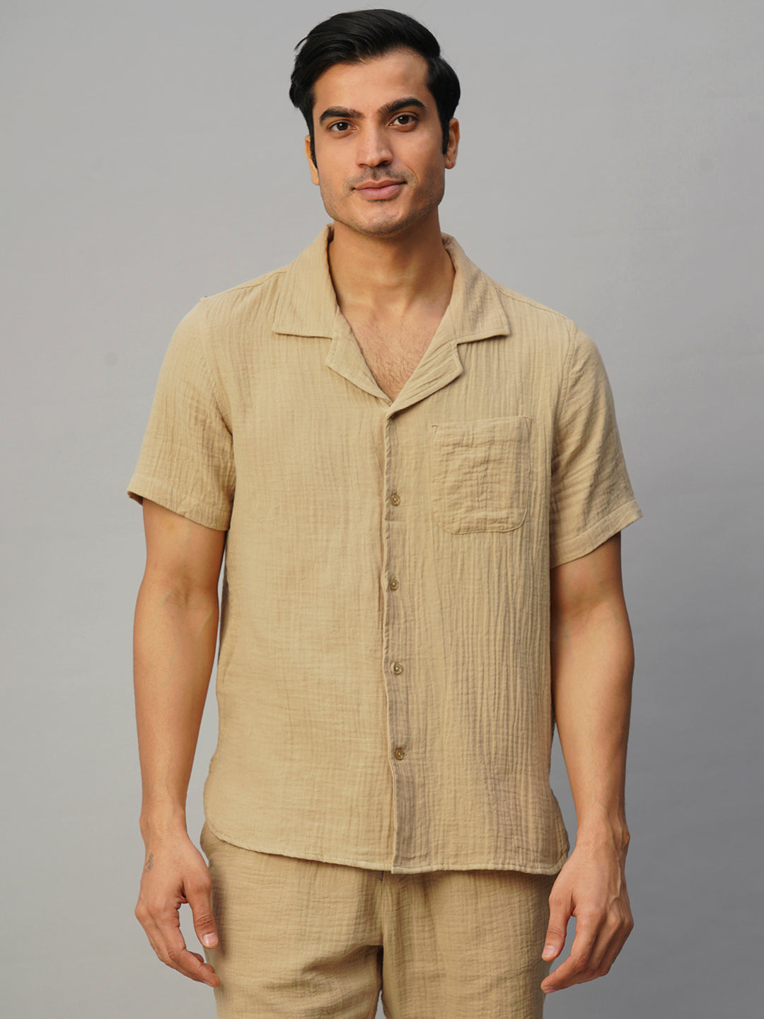 Men's Khaki Cotton Loose Fit Shirt