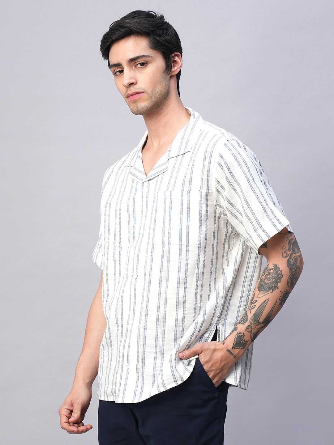 Men's White/Navy 100% Cotton Loose Fit Cuban Collar Shirt