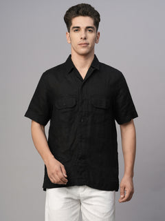 Men’s Linen Regular Fit Utility Pocket Shirt Black