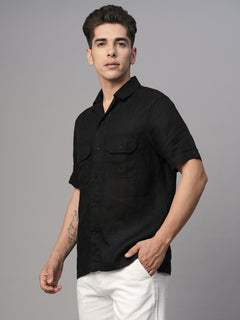 Men’s Linen Regular Fit Utility Pocket Shirt Black